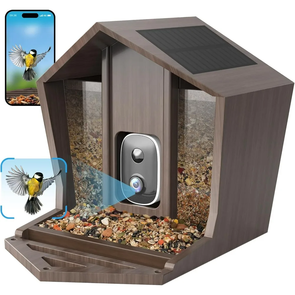 2.5K HD Smart Bird Feeder with Camera Solar Powered  Auto Motion Detection, Waterproof Wooden Video Bird Feeder Camera