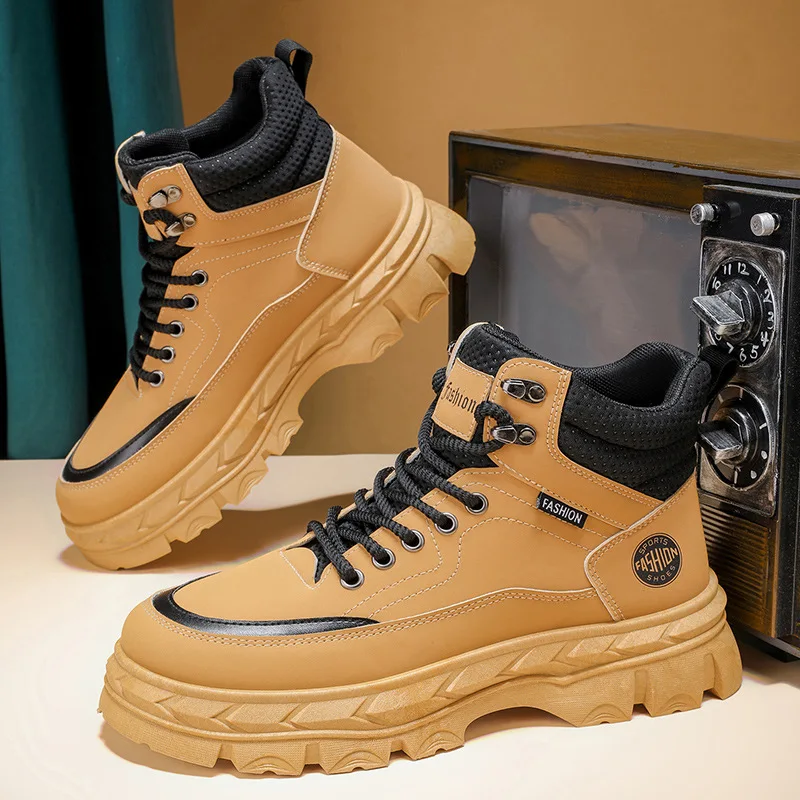 

Mens High Top Work Boots Chunky Sneakers Sole Comfortable Casual Shoes Non-Slip Outdoor Lace Up Ankle Boots Thick Platform Boots