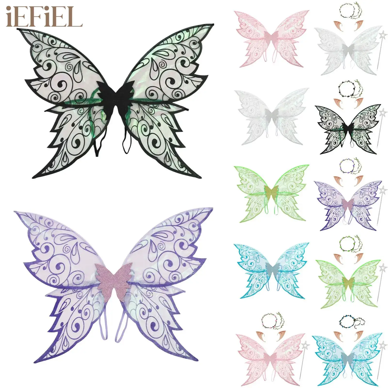 

Women Girls Glitter Butterfly Fairy Wings with Fairy Ears Garland Wand Princess Angel Wing Halloween Party Favor Cosplay Costume