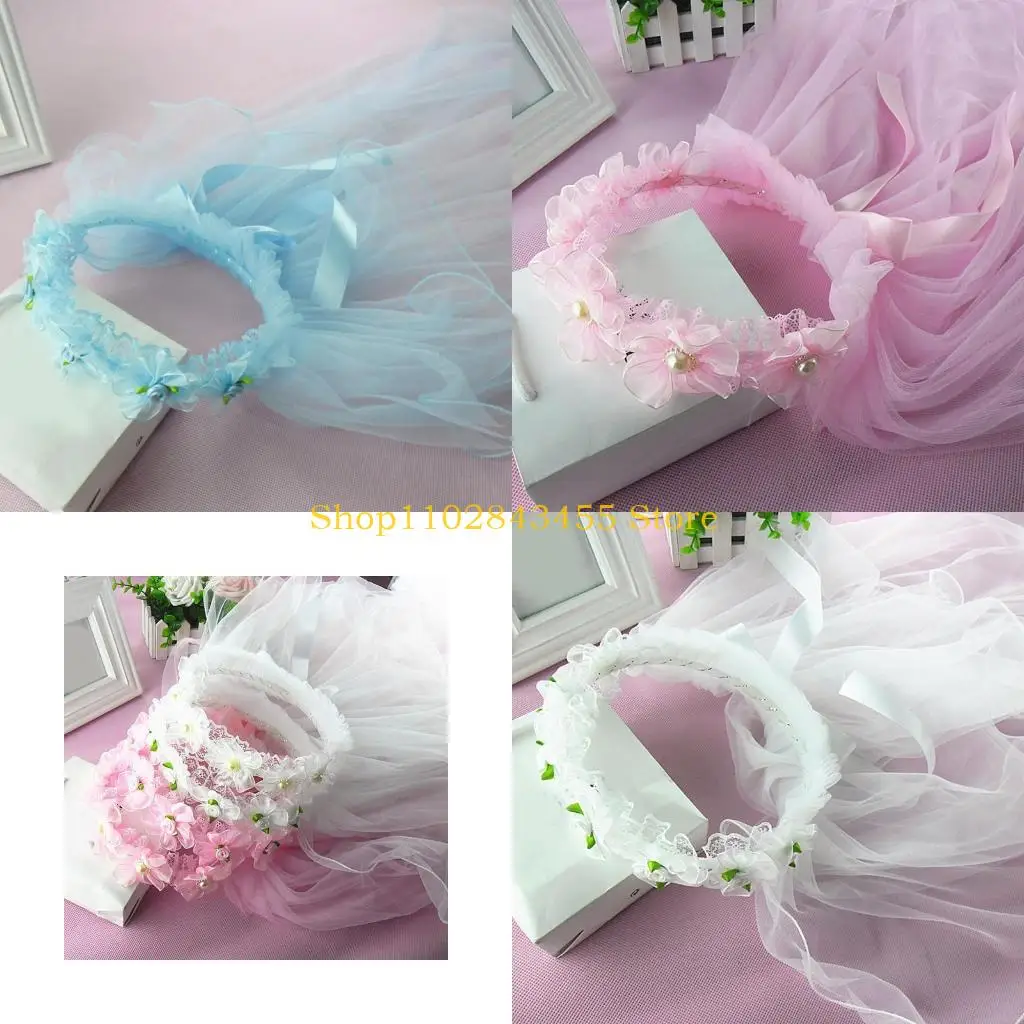 

49MC Flower Girls Veil Headpieces with Pleated Flower Crown Wedding Ring Bearer Veil Long Tulle Bride Wedding Party Supplies