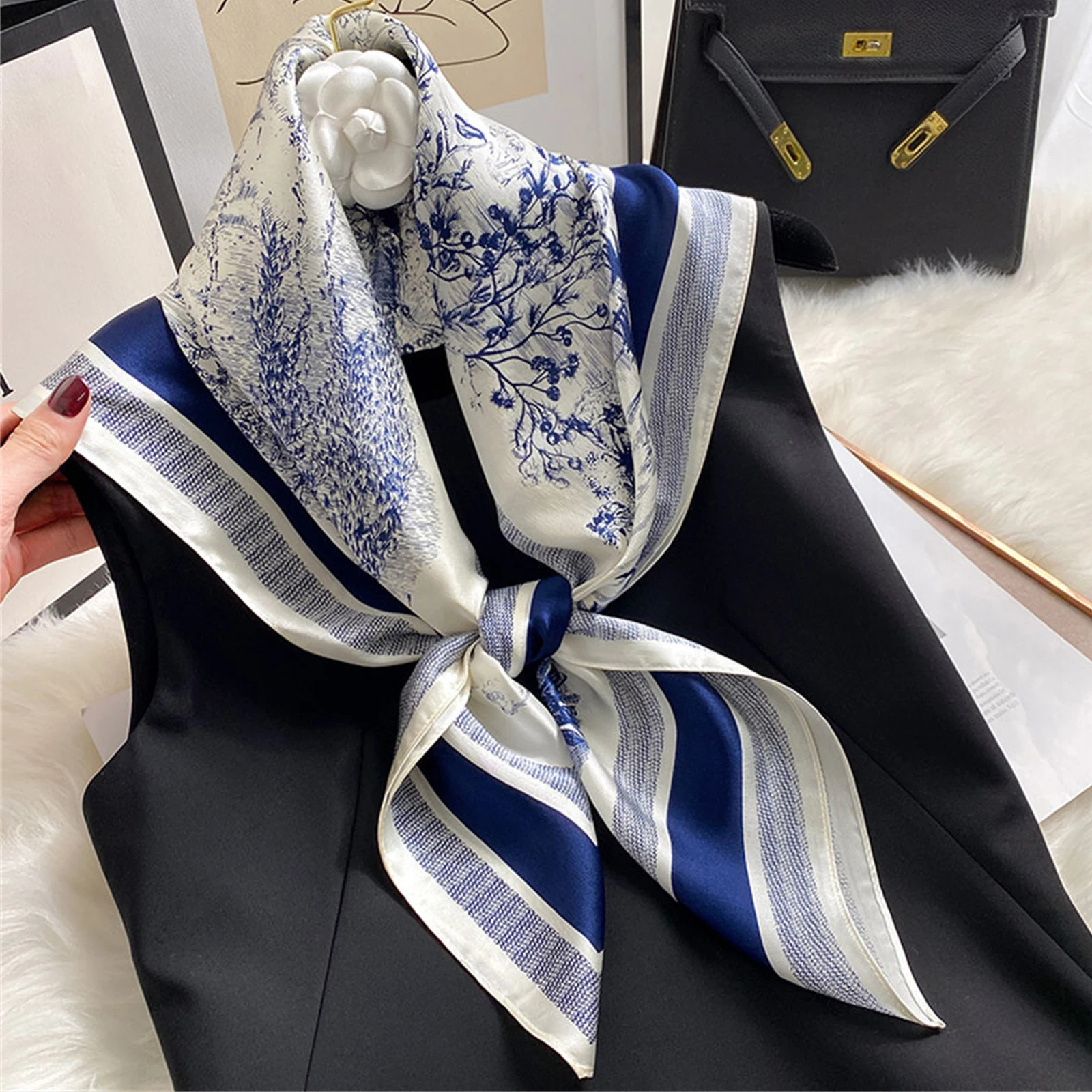 Luxury Brand 2024 Silk Square Scarf Women Cat Neck Hair Tie Band Beach Hijab Kerchief Head Headbands Bandana Female Foulard 70cm