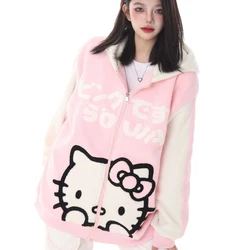 Sanrios Hello Kitty Autumn and Winter Trendy Brand Hooded Sweatshirt Cartoon Design Kawaii Girls Casual Cardigan Couple Jacket