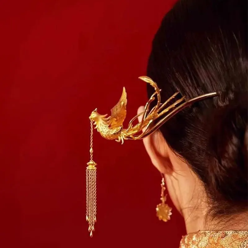 Phoenix Tassel Hairpin Vintage Step Shaking Hair Stick for Hanfu Chinese Costume Women Girls Hair Clips Accessories