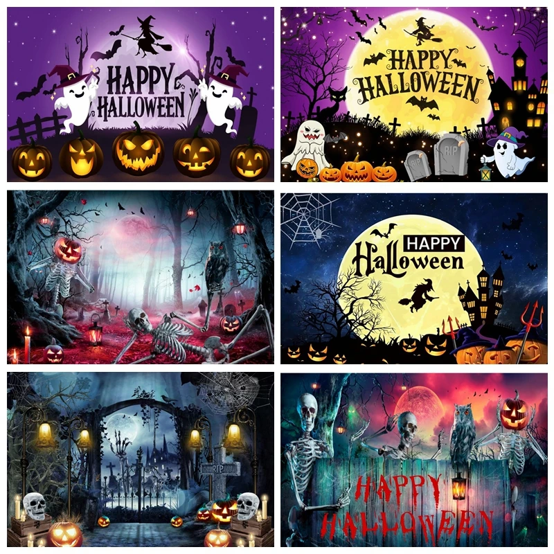 

Halloween Party Decor Backdrop Scary Castle Skeleton Jack o'lantern Backgrounds Baby Portrait Photographic Props Photo Studio