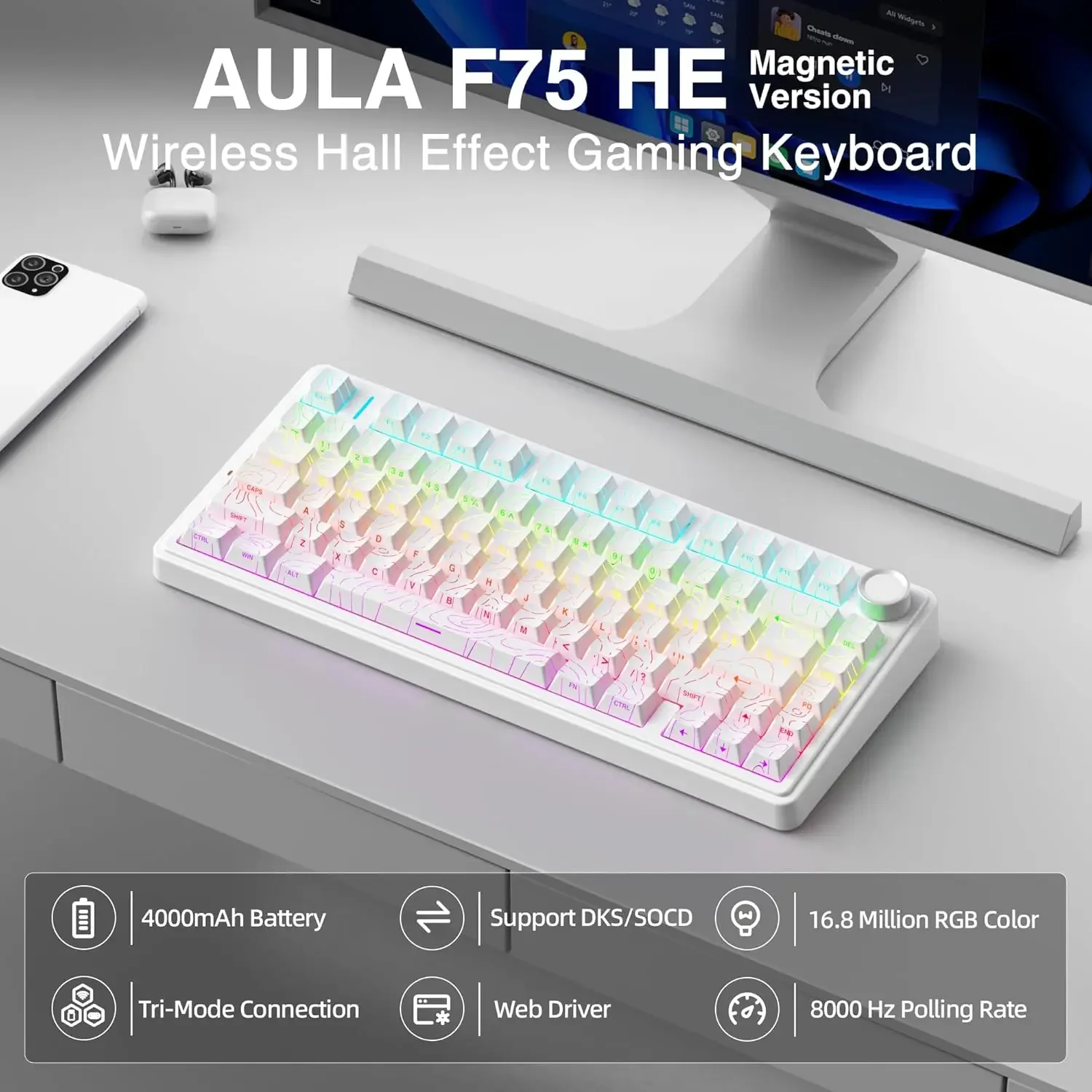 NEW AULA F75HE Wireless Magnetic Switch Keyboard 75% Hot-Swappable Creamy Keyboard Pre-lubed Tri-Model RGB Gaming Keyboards