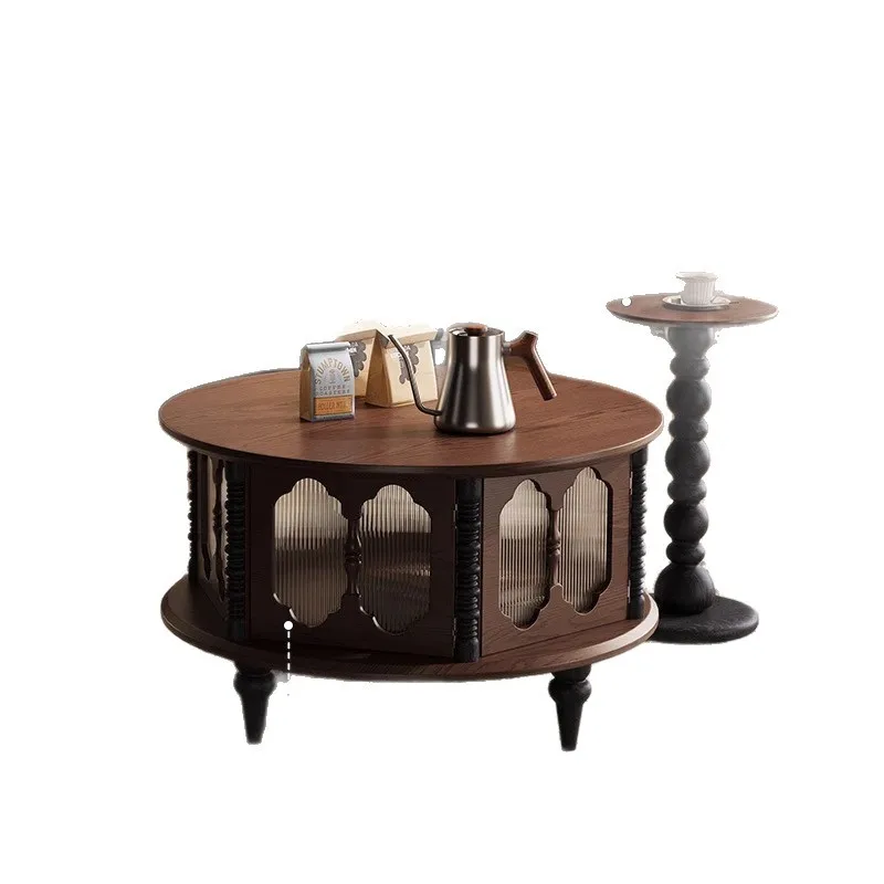 

French retro solid wood coffee table combination, medieval American light luxury round tea table