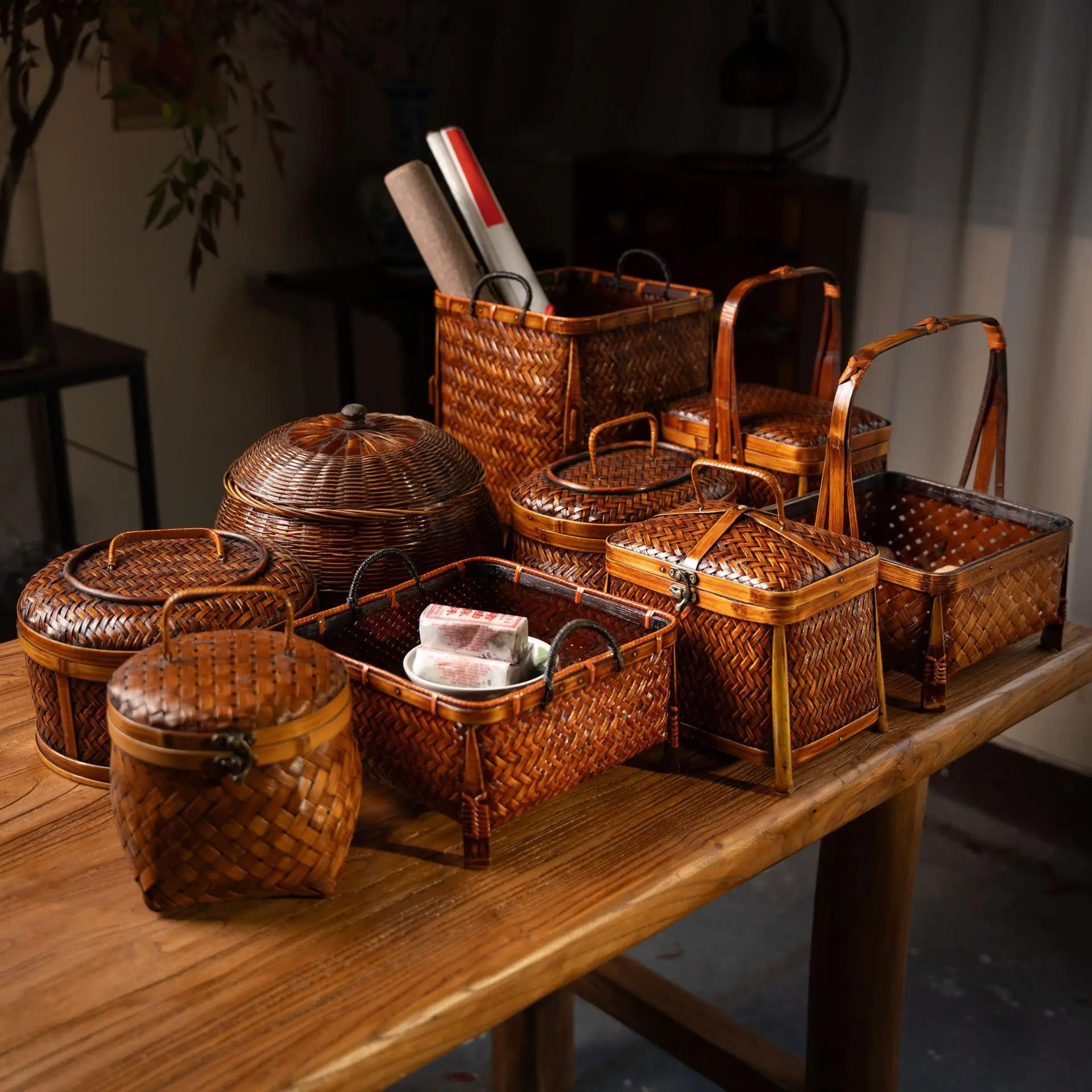

Using tung oil lacquer for vintage storage, bamboo woven tea set baskets, bamboo woven baskets, tea set boxes, bamboo products