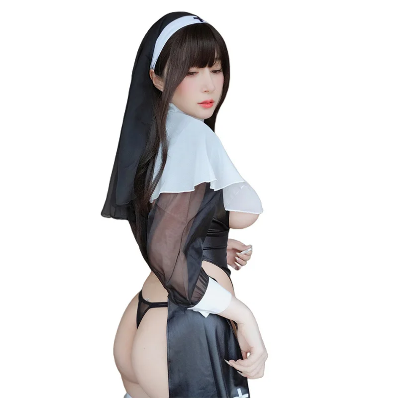 Sexy Nun Women Halloween Cosplay Costumes Breast Opening Exposure See-Through Fantasy Erotica Lingerie Hollow Underwear Outfit