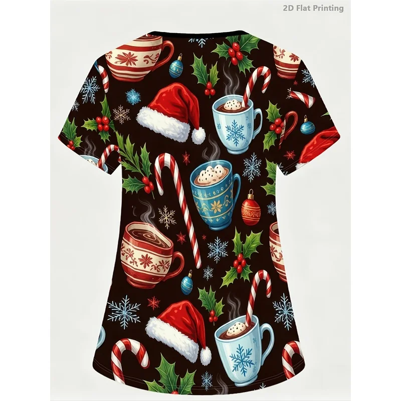 A women's nurse uniform，Vintage Christmas nurse top with candy cane and Santa hat print，Holiday season items