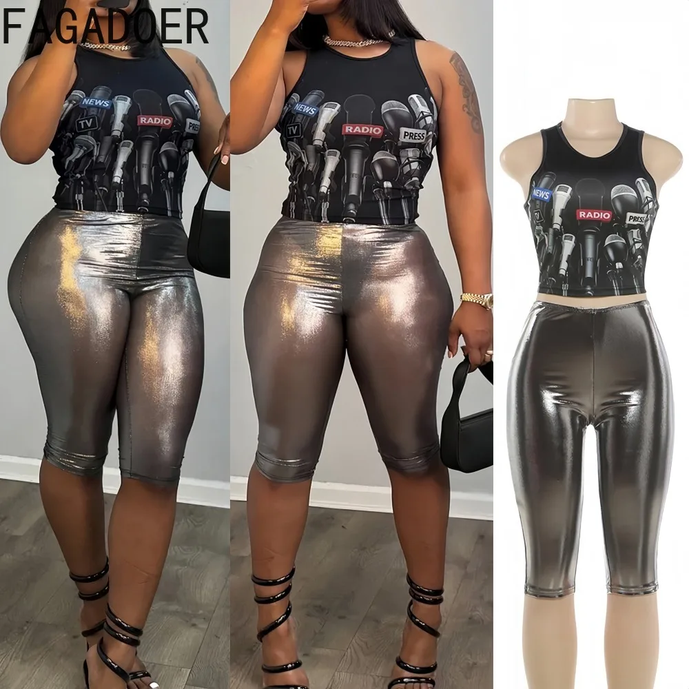 

FAGADOER Fashion Letter Print 2 Piece Sets Woman Outfit Sleeveless Crop Top + Bodycon Shorts Matching Female Streetwear Clothing