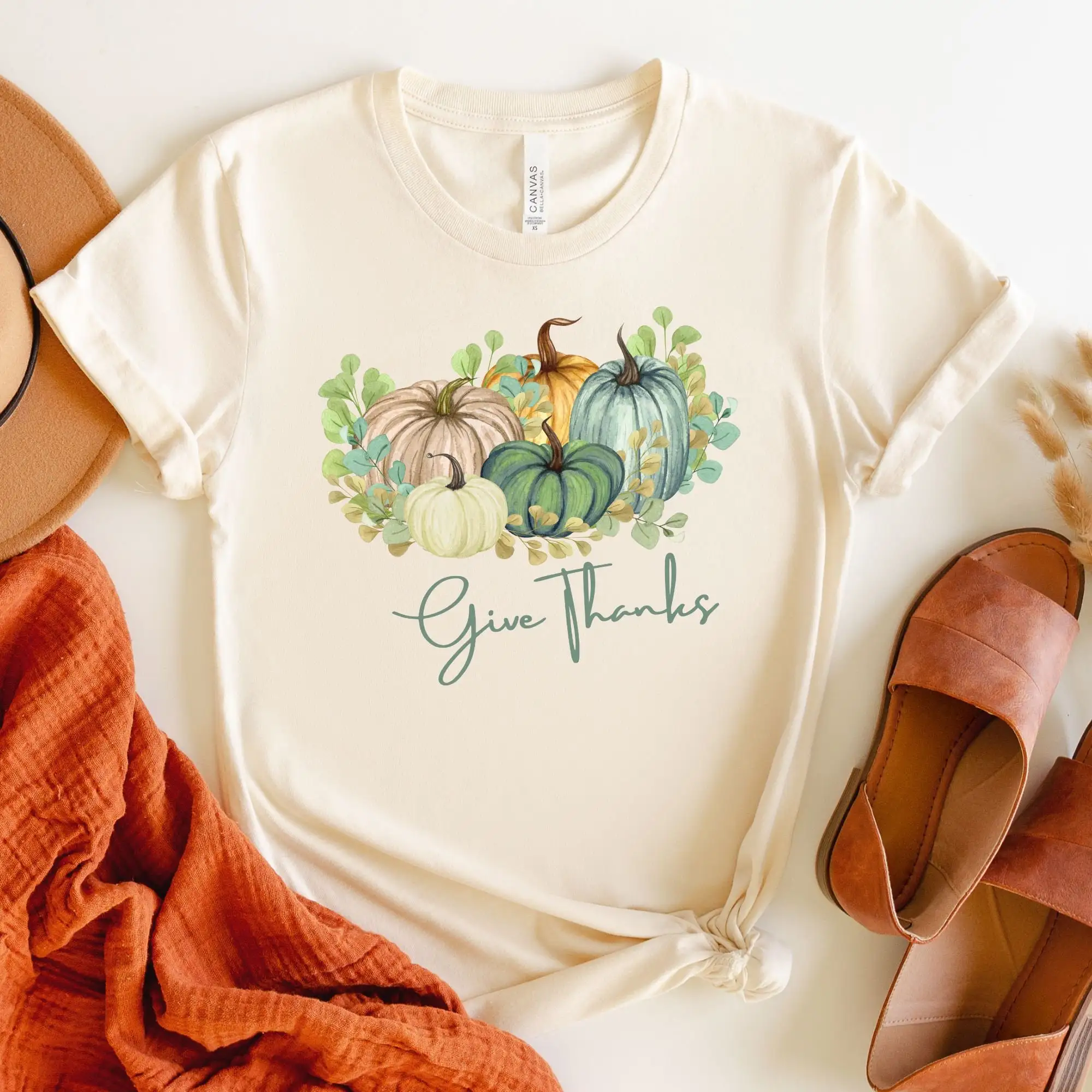 

Футболка «Give Thanks» с рисунком «Спасибо» на День Благодарения, милая семейная футболка с акварельными тыквой