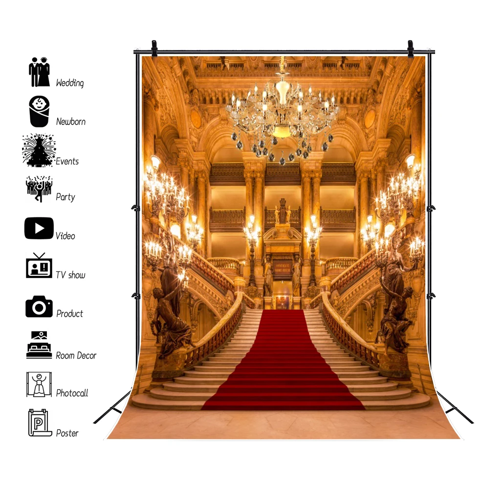 Luxury Vintage Palace Photography Backdrop Luxurious Opera Castle Palace Red Carpet Stairs Indoor Portrait Photo Background Deco