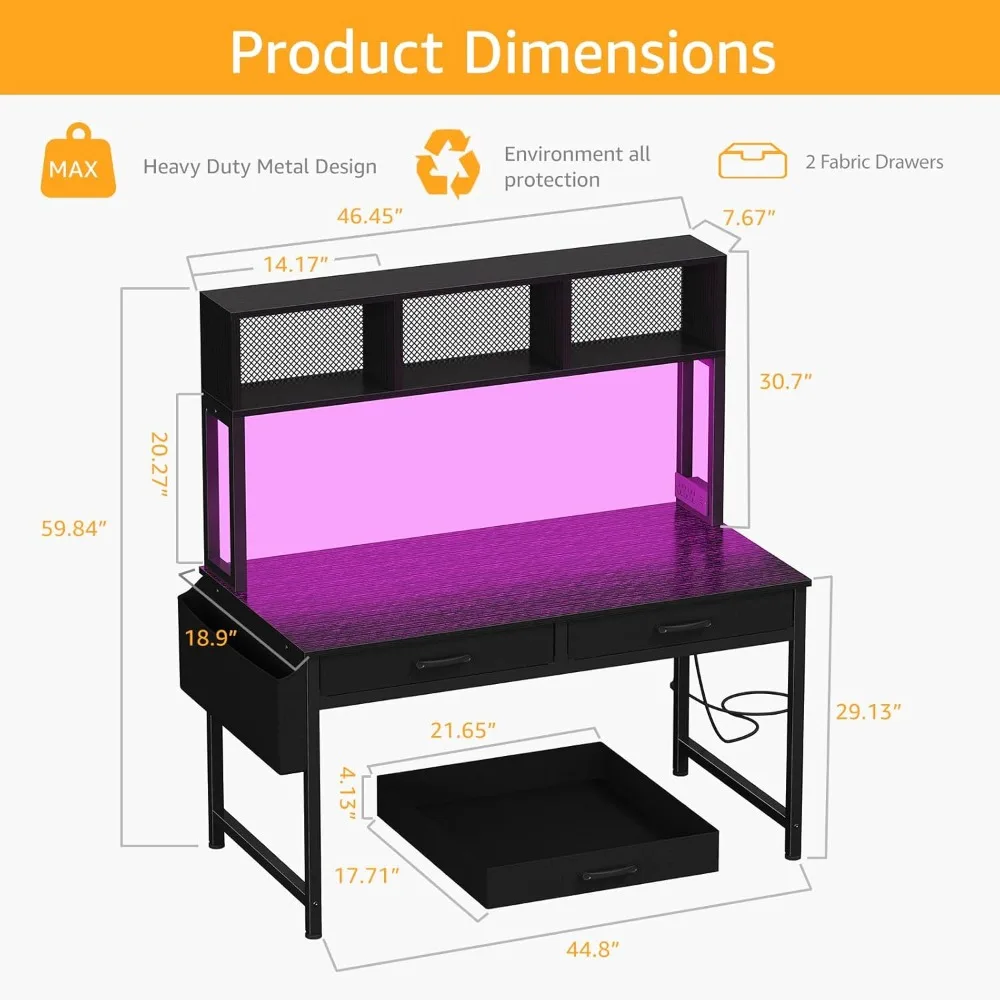 مكتب ألعاب أسود مع مساحة تخزين، وخزانة، وأرفف، وإضاءة LED، ومنافذ طاقة #3