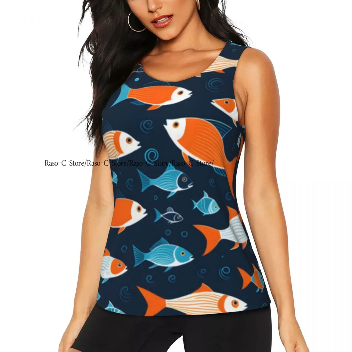 เสื้อกีฬาผู้หญิงลำลองสำหรับเล่นโยคะ ลายปลาหลากสีสันว่ายน้ำเป็นฝูง เสื้อยืดวิ่งแห้งเร็วสำหรับออกกำลังกาย เสื้อแขนกุดสำหรับออกกำลังกายในยิม