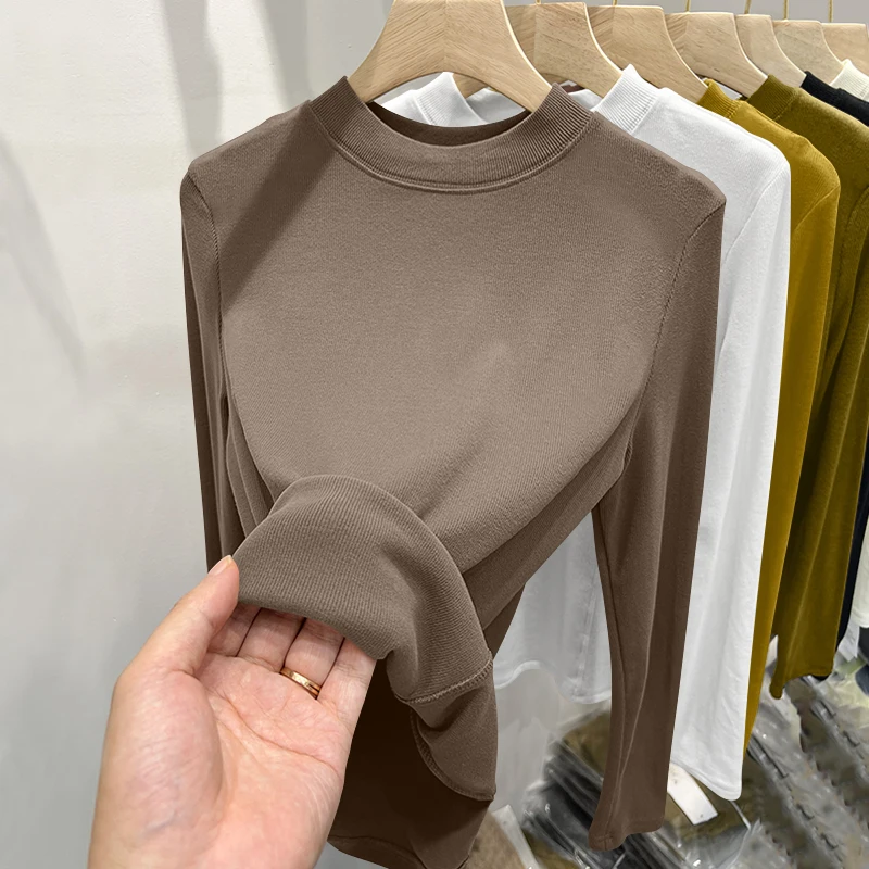 Ladies Mid-Neck Long Sleeve T-Shirt Korean Style Simple Thread Design Spring Autumn New Fashion Inner Wear Top