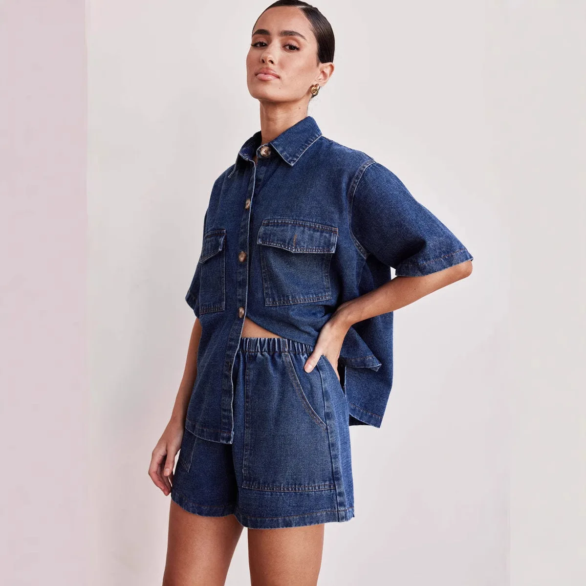 Set di pantaloncini di jeans larghi estivi per donna risvolto monopetto maniche corte e pantaloncini elastici jeans femminili abiti streetwear