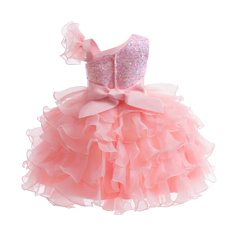 Vestido de lentejuelas de un hombro para niñas de 3 a 10 años, tutú de Cupcake con volantes en capas, vestido Formal de fiesta de cumpleaños