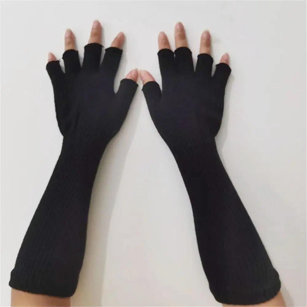 1 Pair Long Knitted Unisex Half Finger Gloves Women Girls Autumn Winter Arm Warmers Pure Black Elbow Long Warm Work Gloves