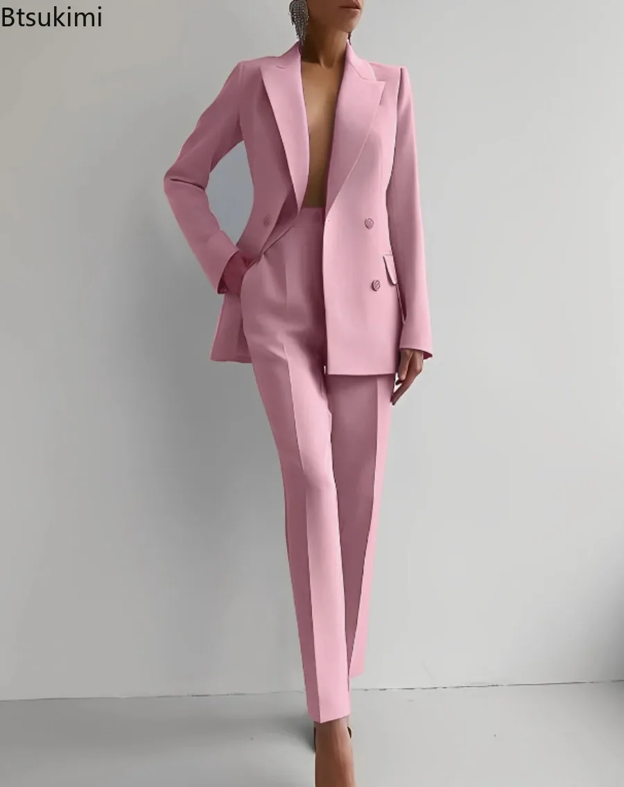 2024 Women's Fashion Matching Sets V Neck Double Breasted Design Blazer Tops+Suit Pant Office Ladies Outfit Elegant 2 Piece Sets