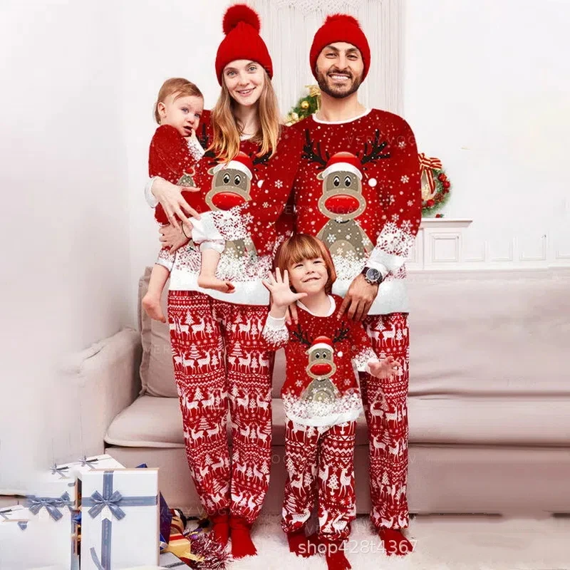 2024 European and American Pajama Set New Deer Letter Grid Printed Home Clothes Pajama Christmas Parent Child Set