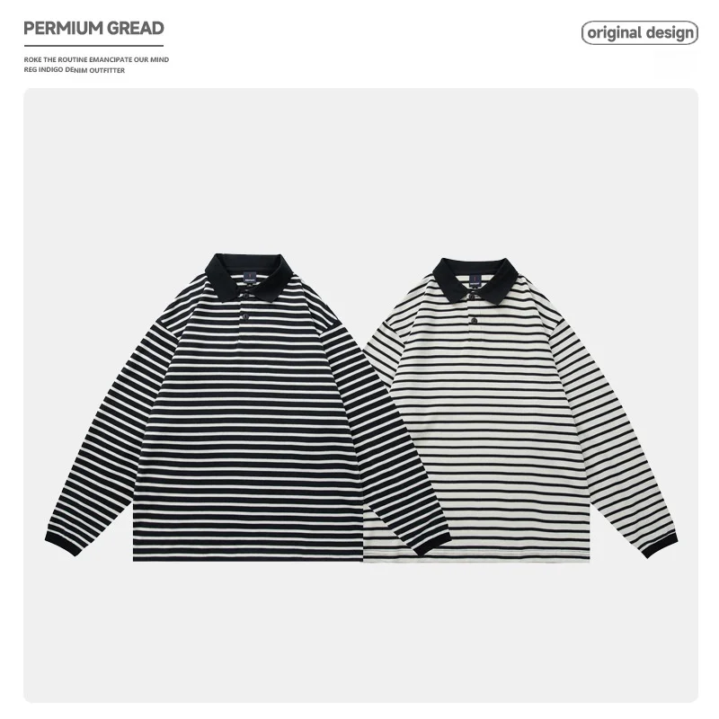 

Футболка-поло с длинным рукавом из плотного хлопка, черно-белые полосы, свободный крой, для активного отдыха