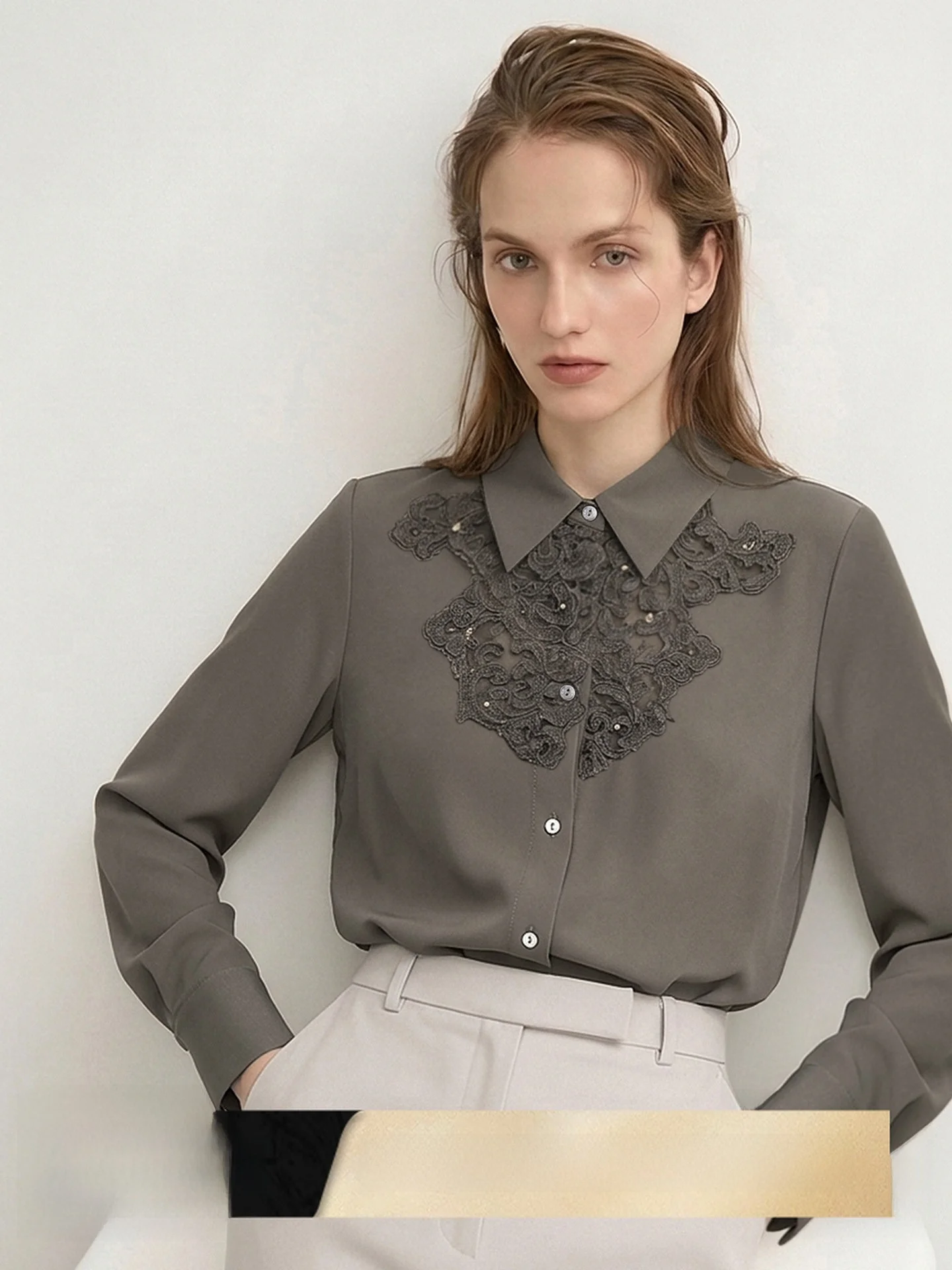 

Женская блузка CVANEA Весна 2026 из шелковой смеси с цветочным кружевом, универсальная, с длинным рукавом, круглым вырезом, на пуговицах, приталенная, прямого кроя