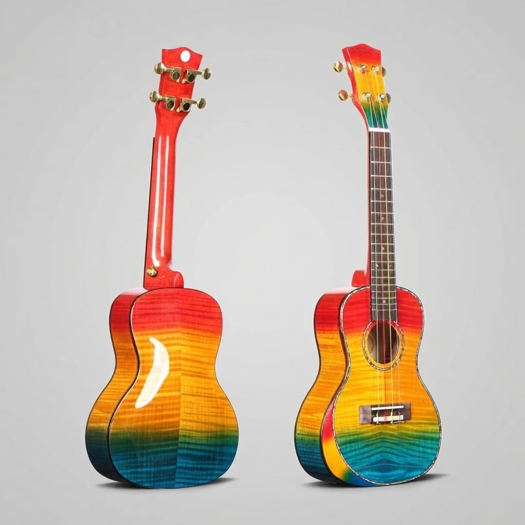 Multicolor Soprano Ukulele, Rainbow Gradient Gloss Body, Gold Tuners, Abalone Rosette, Premium Binding, 4 Strings for Beginners