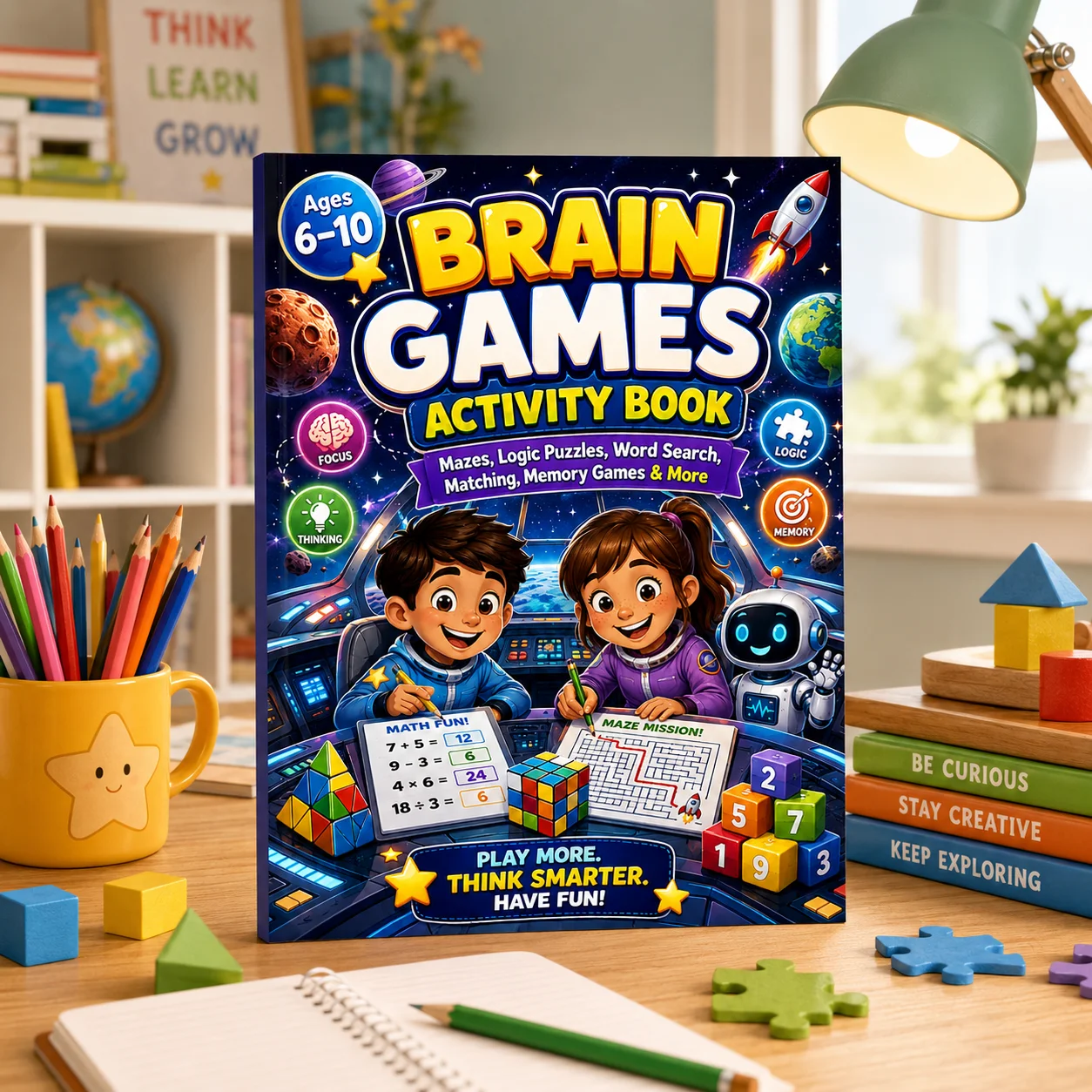 Space Themed Brain Games Activity Book for Kids Ages 6-10 Screen-Free Educational Puzzle Workbook with Mazes Logic Puzzles Word