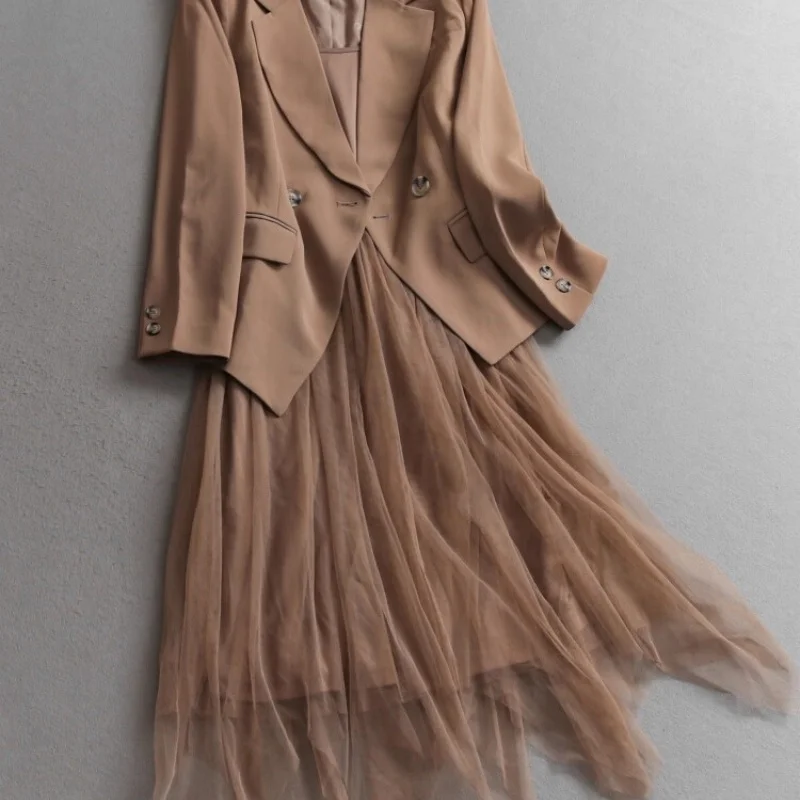 Cor sólida terno de deslocamento colarinho terno de duas peças vestido 2025 outono novo vestido de malha de manga comprida blazer roupas femininas w1325