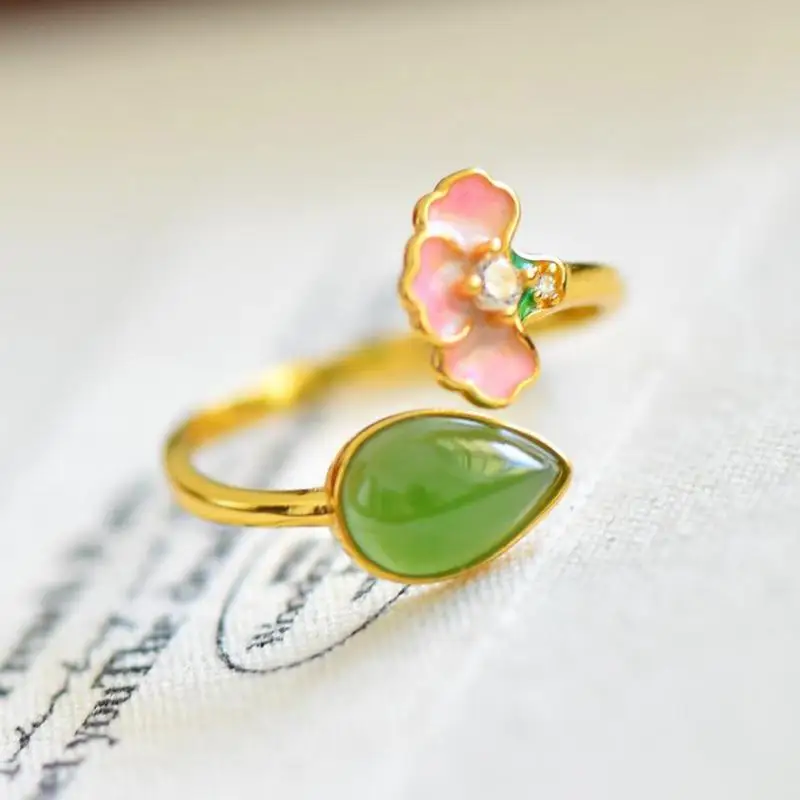 Genuine China Nephrite Stone Green Hetian Jade 925 Silver Zircon Enamel Flower Waterdrop Rings Women Certified Jewelry Gifts