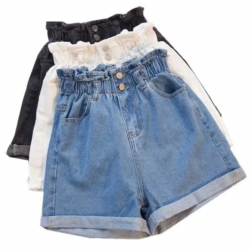 Plus Size Zomer Zwarte Dames Denim Shorts Grote Maat 5Xl Harem Ruche Witte Hoge Taille Shorts Elastische Taille Jeans voor Vrouwen