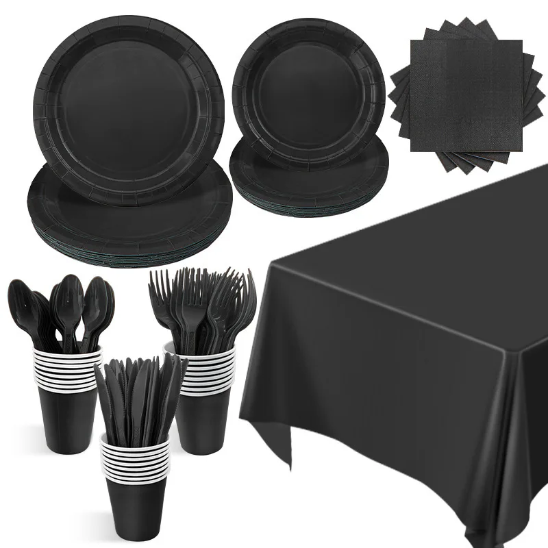 Solid Black Theme Decorations Party Disposable Tableware Set Paper Napkins Cups Plates Tablecloths Straw Knife Fork and Spoon