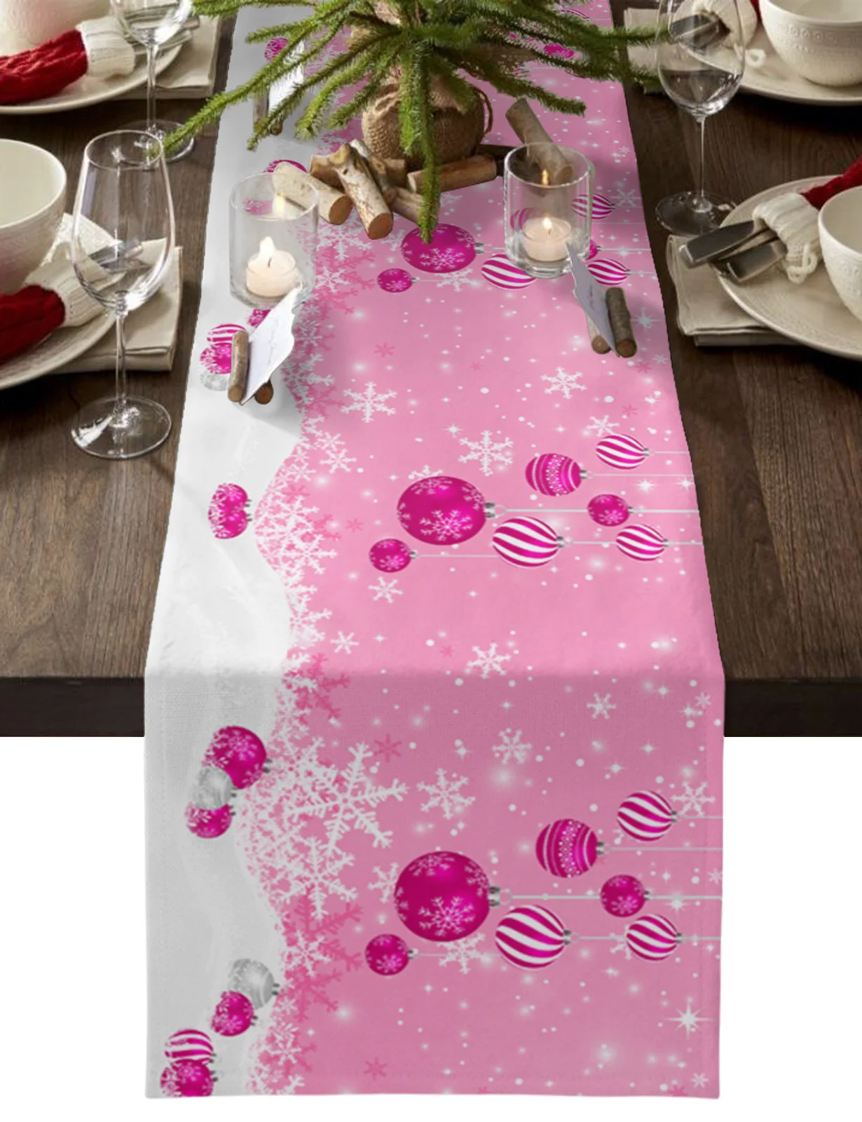 Chemin de table flocon de neige boule de Noël rose, décoration de table, nappe pour la maison, ornement de Noël, cadeau de nouvel an, hiver, 2024