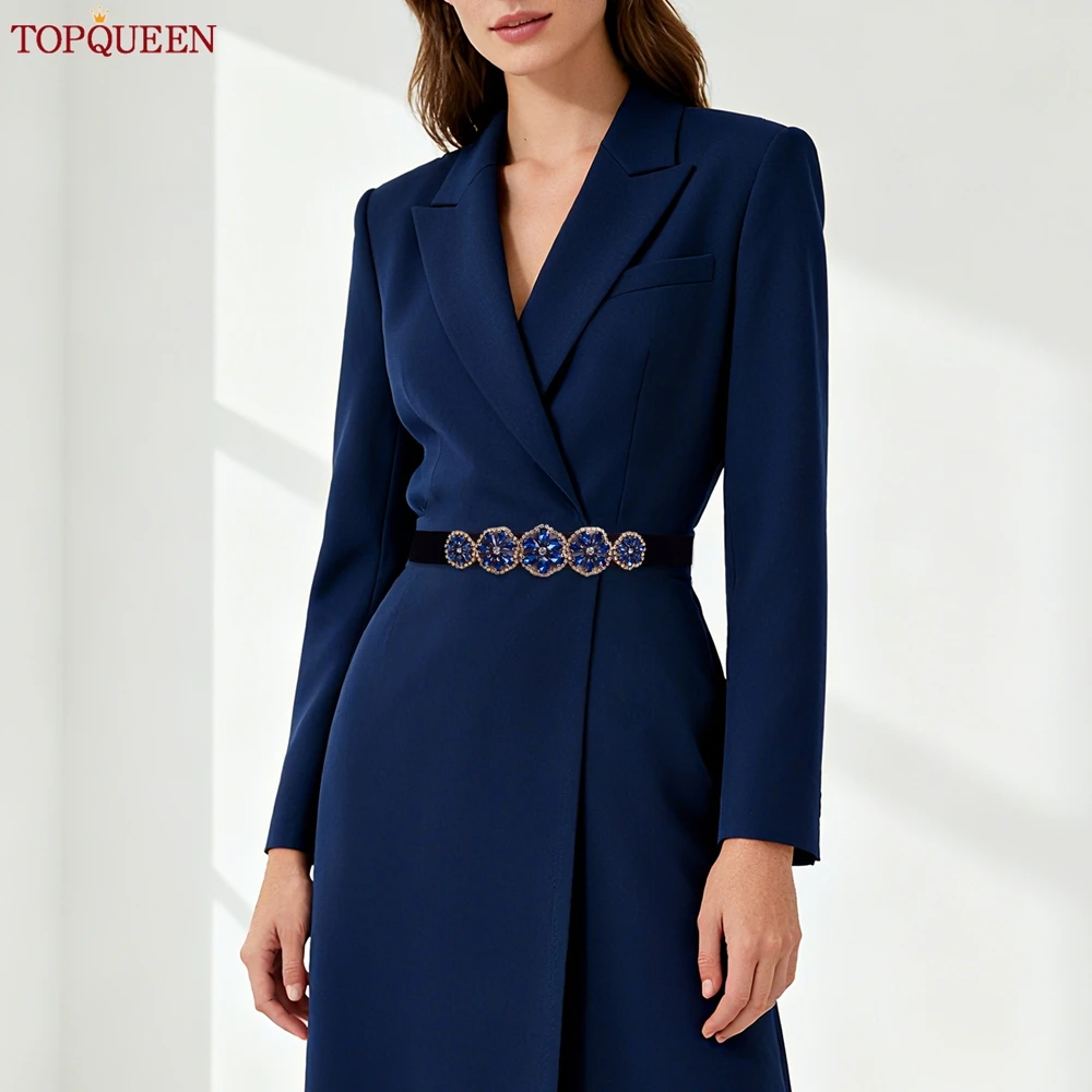 TOPQUEEN Navy Blue Rhinestone Waist Belt Fashionable Elastic Belt Everyday Dress and Coat Accessory Anniversary Gift S255