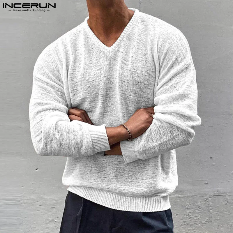 INCERUN Tops 2024 Korean Style Men\'s Fashion V-neck Loose Thin T-shirt Casual Simple Texture Knitted Long Sleeved Camiseta S-5XL