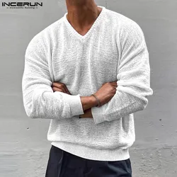 INCERUN Tops 2024 Korean Style Men's Fashion V-neck Loose Thin T-shirt Casual Simple Texture Knitted Long Sleeved Camiseta S-5XL