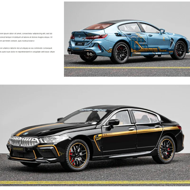 BMW M8 modelo supercar para crianças, carro de liga, som e luz, puxar para trás, Die Cast, brinquedo infantil, colecionáveis, presente de