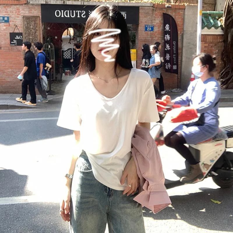 

T-shirt Women's Short-sleeved Stretch Summer Front Shoulders Large Neckline Loose Slim Inner Solid Color Top