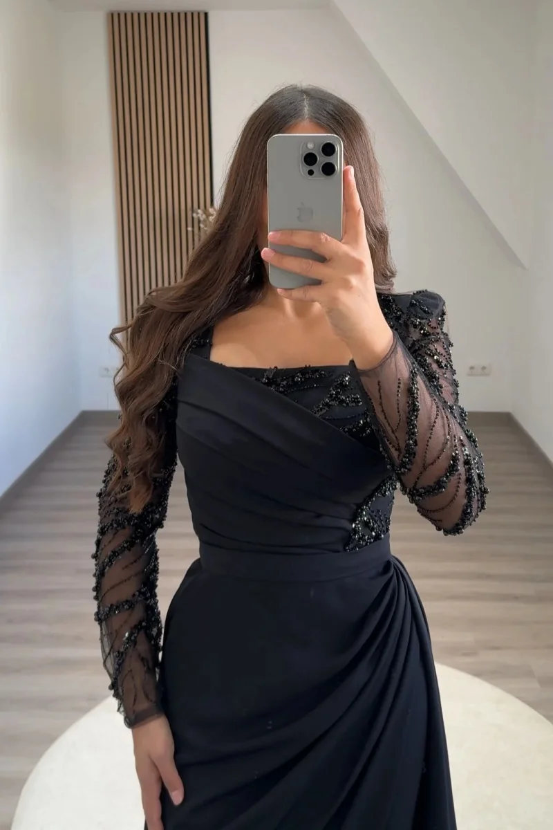 Jessica Black Wedding Dress Embroidered Beaded Arabian Lady Prom Dresses Mermaid Long Sleeve Elegant فساتين سهرةCustomized