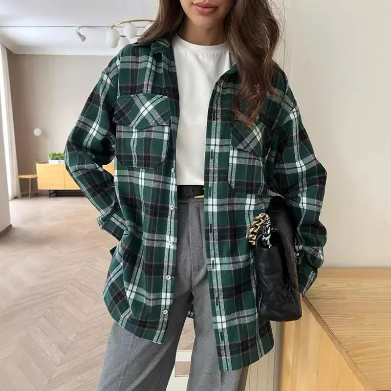 Vintage Plaid Shirts And Tops Women 2024 Street Fashion Gingham Casual Long Sleeve Top Button Office Oversize Shirt Ladie