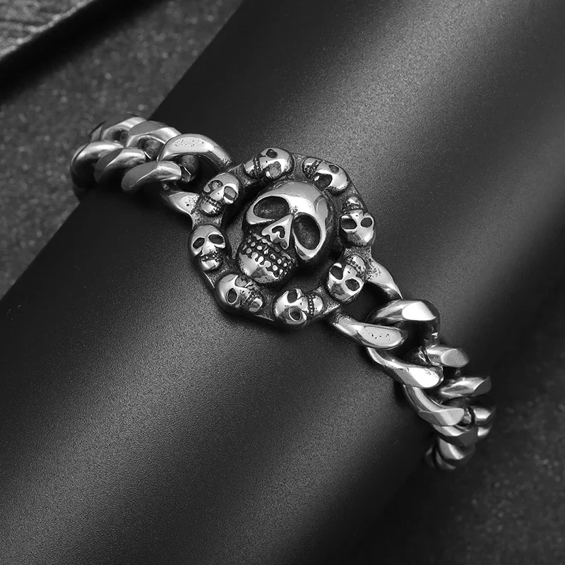 Retro Stainless Steel Gothic Full Skull Ghost Head Bracelet for Men Punk Motorcycle Riding Hip Hop Rock Party Jewelry