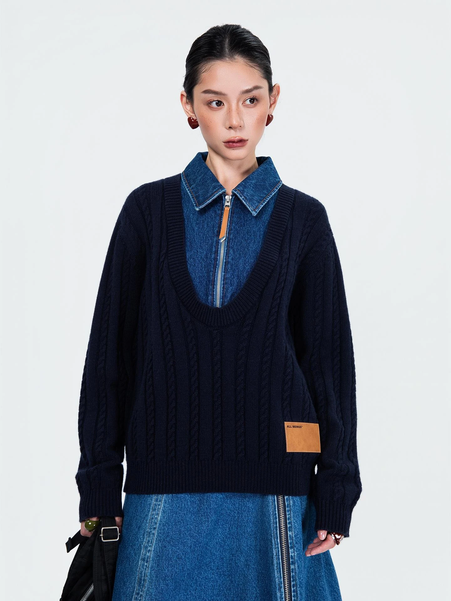 

Женский свитер DOUDOUALL BEINGS с V-образным вырезом, вязаный, с джинсовыми вставками, на молнии, повседневный, свободного кроя, из мягкого волокна Coolmax, осень-зима