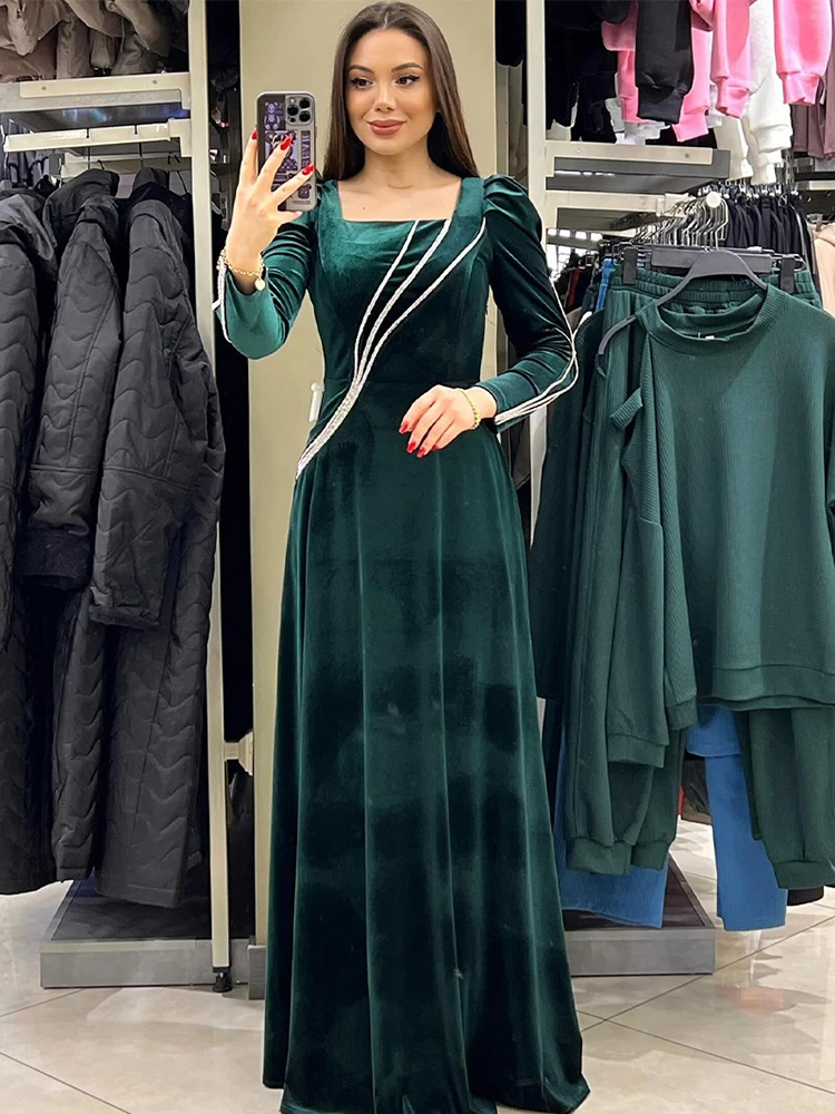 2024 Spring Autumn Dubai Abaya Muslim For Women Elegant Velvet Maxi A Line Dress Kaftan Marocain Ramadan Robe Femme Musulmane