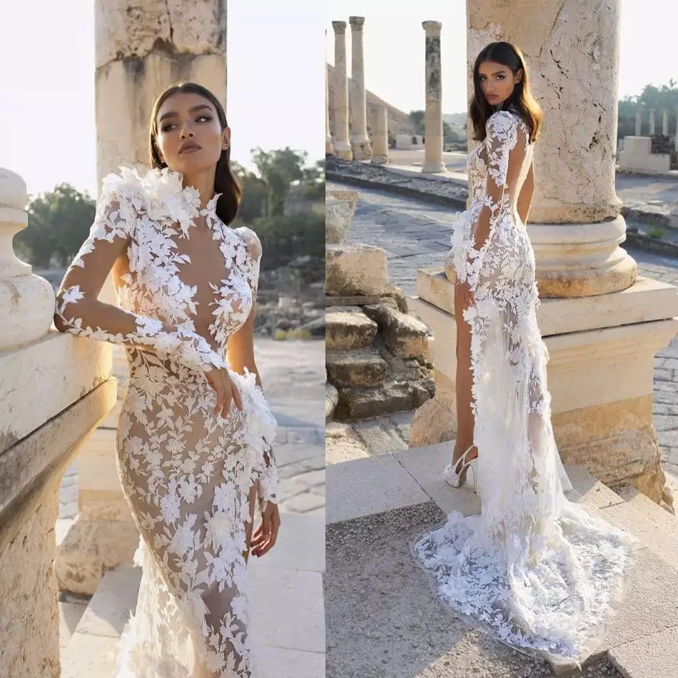 Robe De Mariee Sexy Mermaid Wedding Dress 2023 High Collar Side Slit Lace Appliques Long Sleeve Sweep Train Boho Bridal Gown