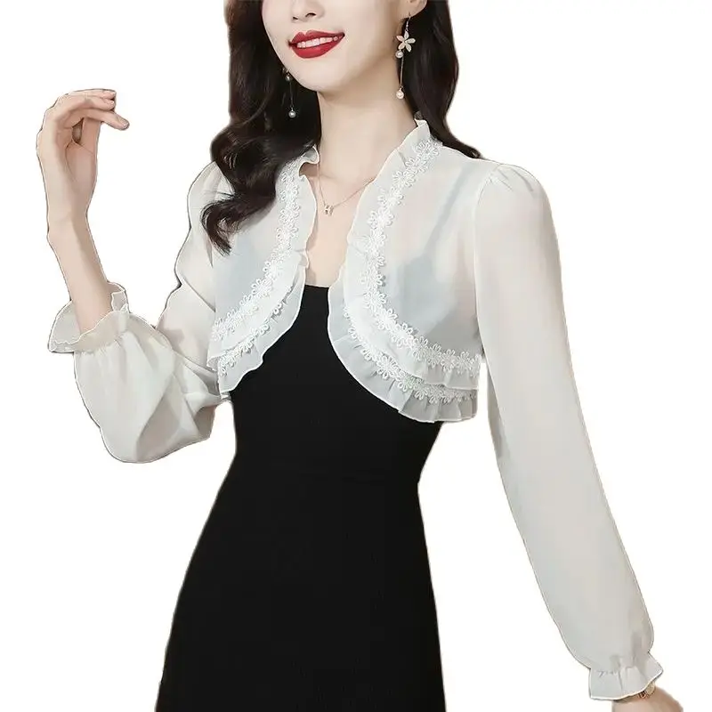 Châle en mousseline de soie pour femme, blanc, noir, floral, BEmbed o, manches longues rondes, devant ouvert, haussement d'épaules transparent, patients de mariage féminin, cardigan, couverture en Y