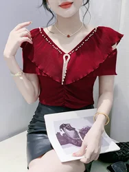 Patched Beading V Neck Cotton T-Shirt Summer Girls Short Sleeve Tee Shirts Woman Slim Stretchy Top Summer 2024