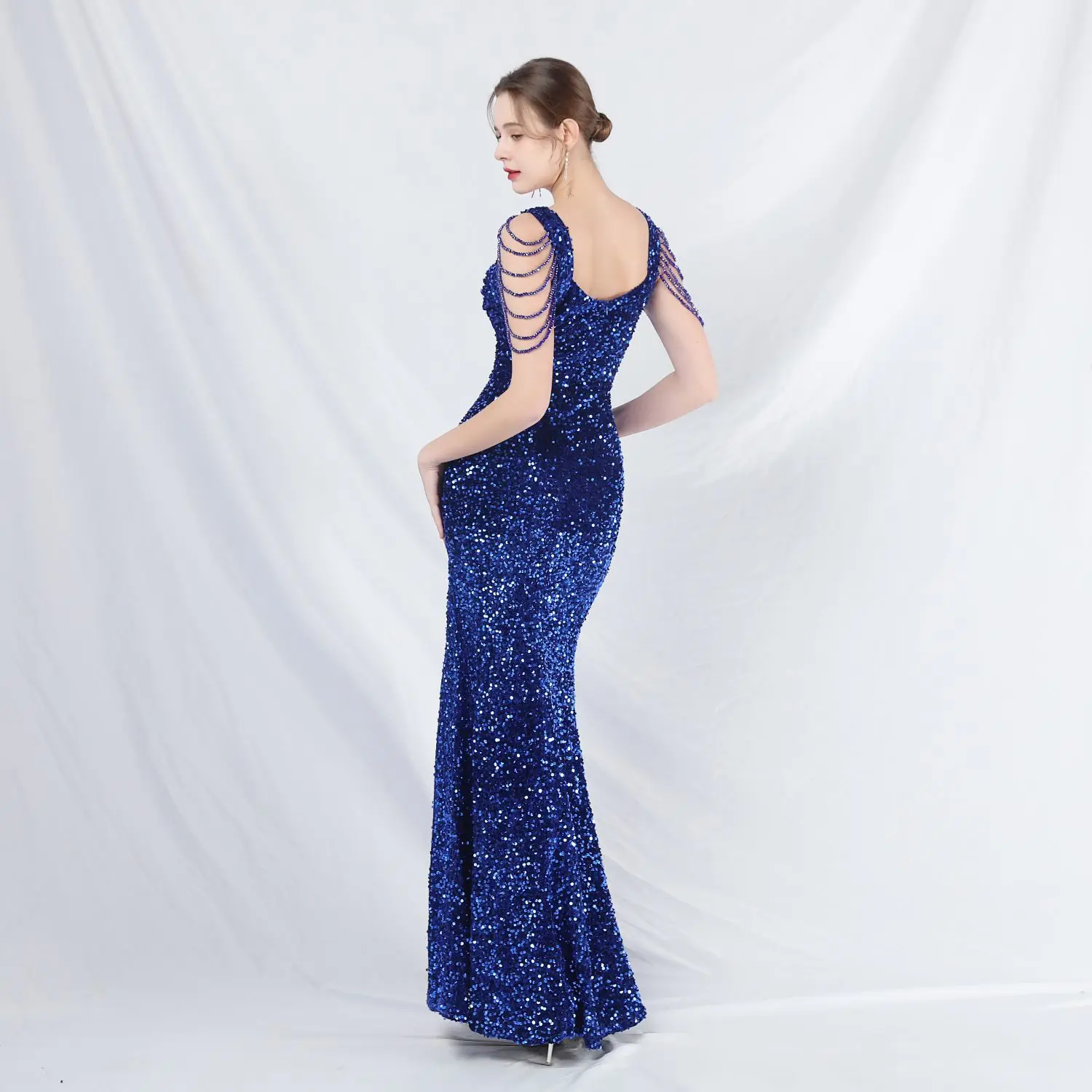 High-End Luxury Long Evening Dress For Women Navy Blue Beading Sequin Mermaid Ball Gown Side Slit Graduation Long Prom Dress New