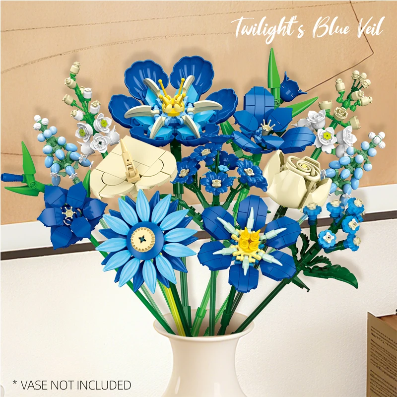 

New Midnight Blue Tulip Bouquet Building Blocks Set Rose Artificial Flowers Bricks Ornament Toy for Girls Adults Gifts