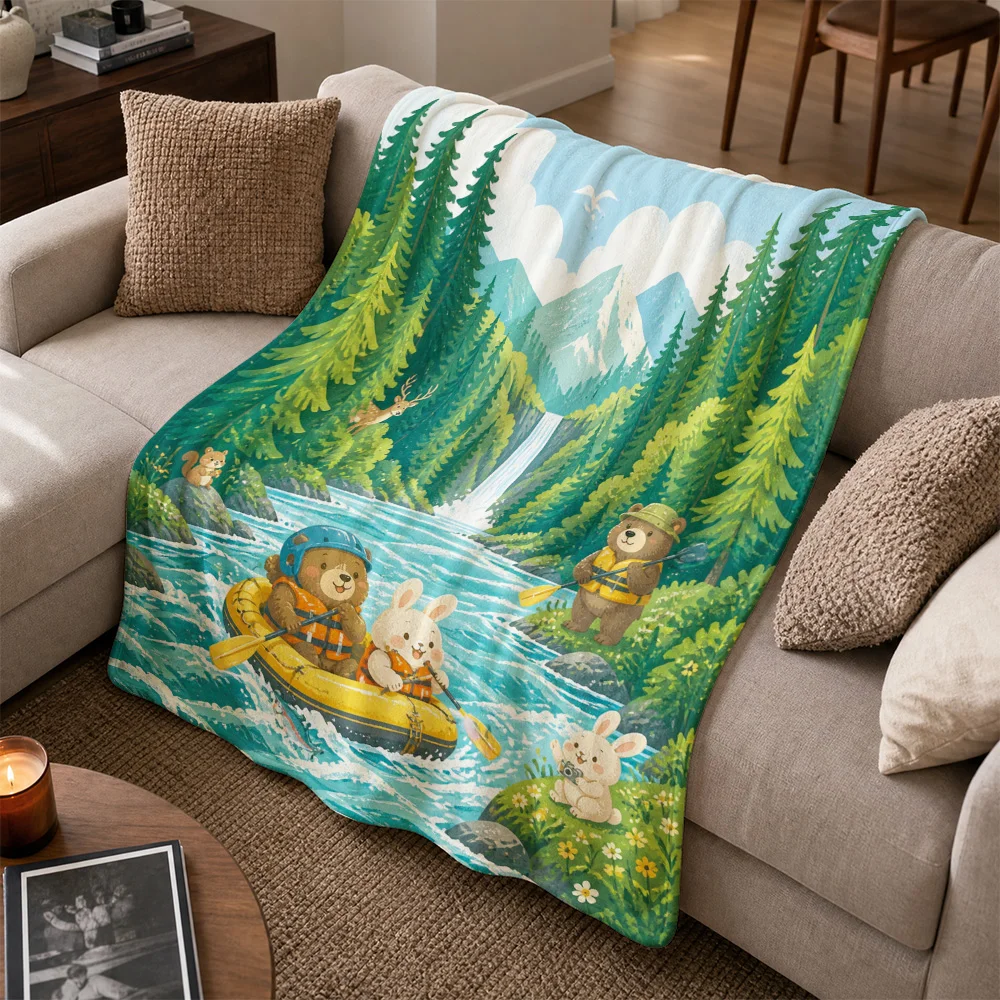 Cozy Woodland Forest Throw Blanket for Sofa Living Room Home Decor Kids Nursery Cartoon Bear Bunny River Nature Adventure Whimsi