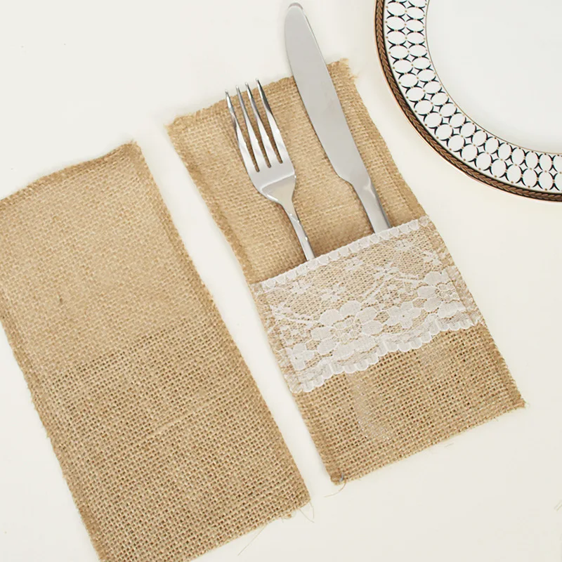 

30Pcs Burlap Lace Cutlery Pouch Wedding Tableware Party Supplies Holder Bag Hessian Rustic Jute Table Decoration Accessories